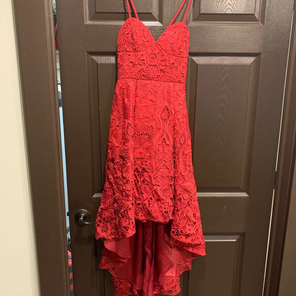 Red high low dress.